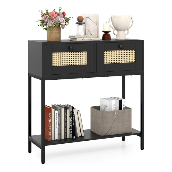 Rattan Console Table,Boho Entryway Table with 2 Drawers,Open Storage Shelf,Narrow Sofa Table with Metal Legs,Foyer Table Behind Couch,Living Room Hallway,Black