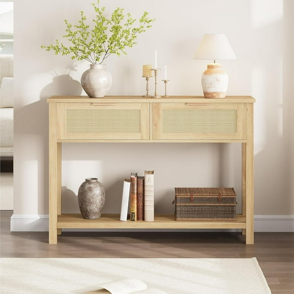 Rattan Console Table,Boho Entryway Table,Long Sofa Table Hallway Foyer Behind Couch Table with 2 Drawers and Open Storage Shelf for Living Room and Corridor