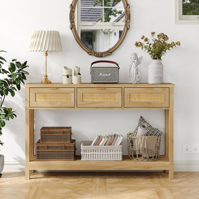 Rattan Console Table Boho Entryway Table Narrow Long Sofa Table Hallway Foyer Table Behind Couch Table with 3 Drawers and Open Storage Shelf for Living Room and Corridor Natural Wood - Walmart.com