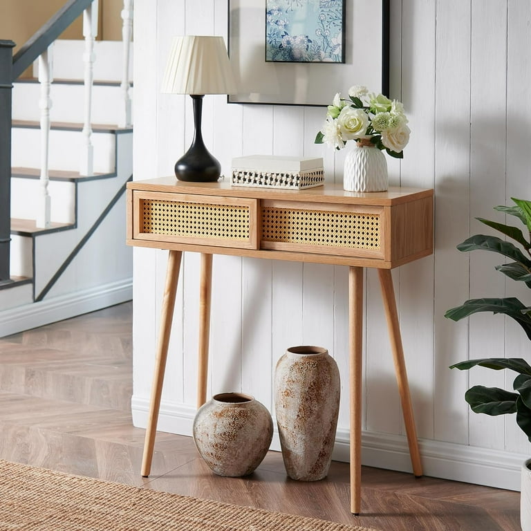 Rattan Console Table Boho Entryway Tables Vanity Desk Rattan Dresser Farmhouse Wood Sofa Table Behind The Couch Modern Narrow Side Table for