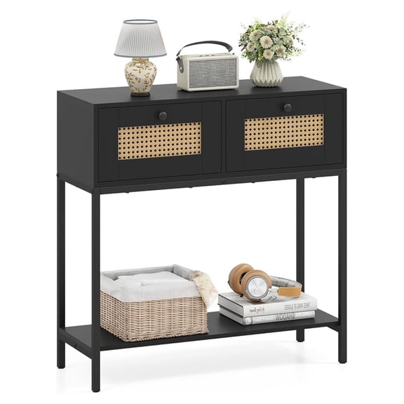 Rattan Console Table, Boho Narrow Sofa Table with 2 Storage Drawers and Open Shelf, 3-Tier Entryway Table with Sturdy Metal Frame for Living Room, Hallway, Foyer, 32 Inch (Black)