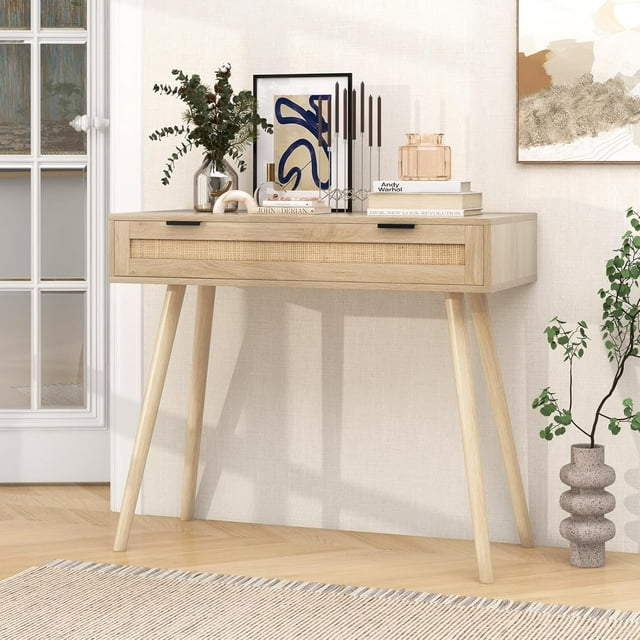 Rattan Console Table, Boho Sofa Tables with 2 Drawers, Behind Couch Tables, Modern Small Vanity Desk, Entryway Table for Hallway Entrance Foyer Living Room, Natural Wood
