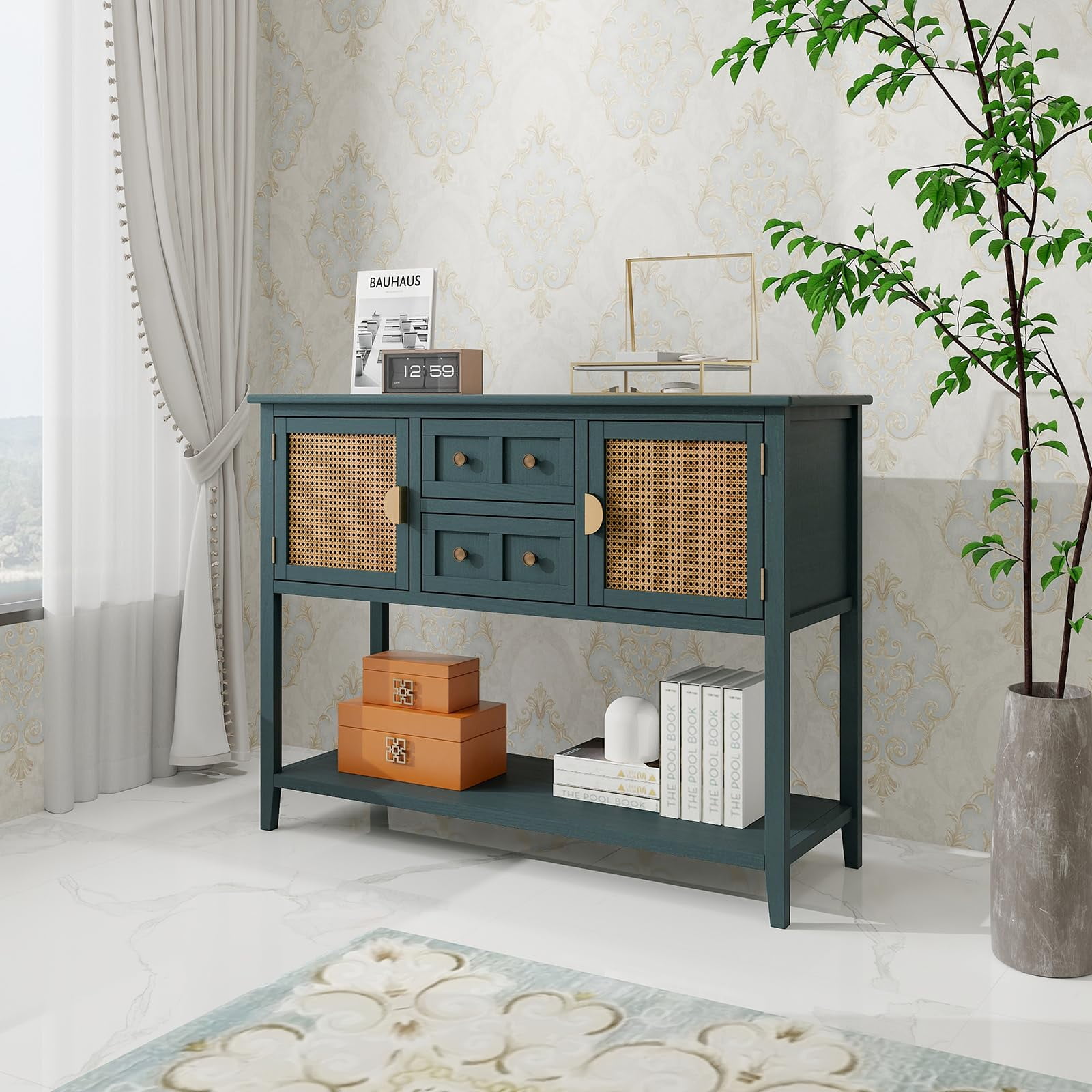 Green Wood and Rattan Console Table with Storage