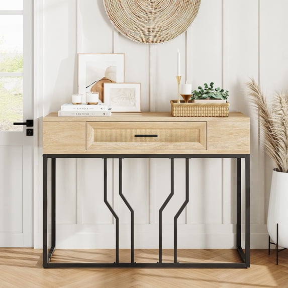 Rattan Console Table, Sofa Tables Narrow Entryway Table with Drawer and Storage, 40 Behind Couch Table Hallway Table Wood Boho Desk Home Furniture for Living Room, Foyer, Bedroom