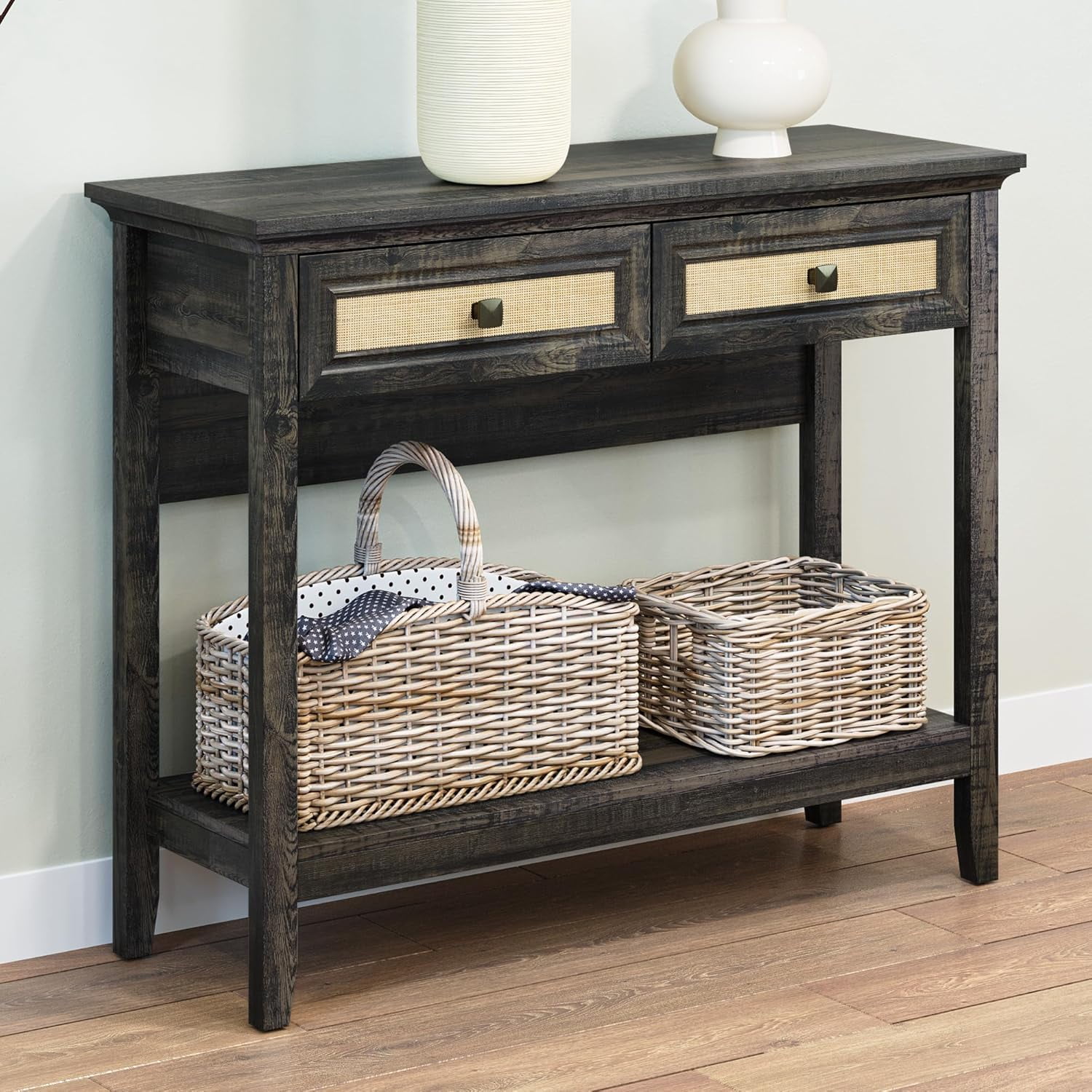 Rattan Console Table with Storage and Drawers, Farmhouse Entryway Table ...