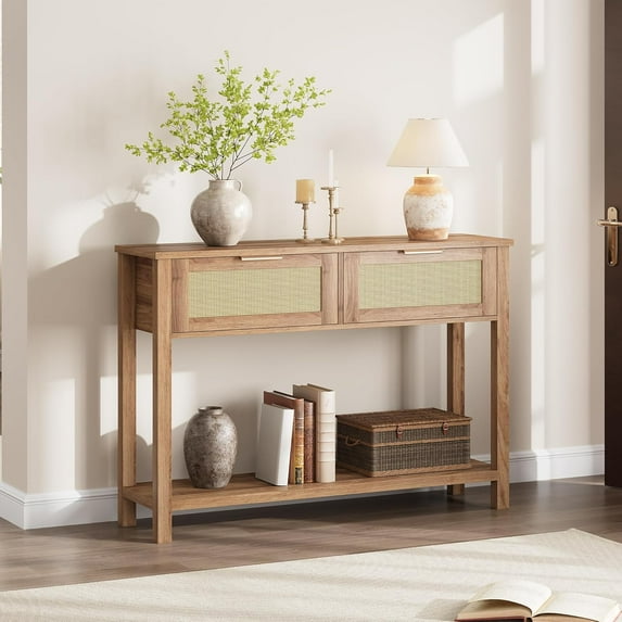 Rattan Console Table for Entryway,Boho Sofa Table for Living Room, Console Table with 2 Drawers, Wood Entryway Table with Storage