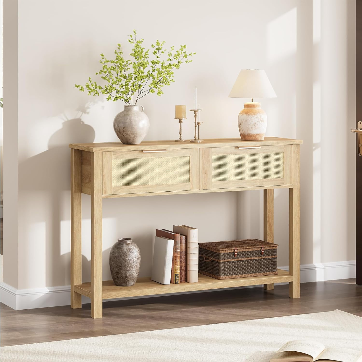 Light Brown Wood Console Table with Rattan Drawers and Storage Shelf