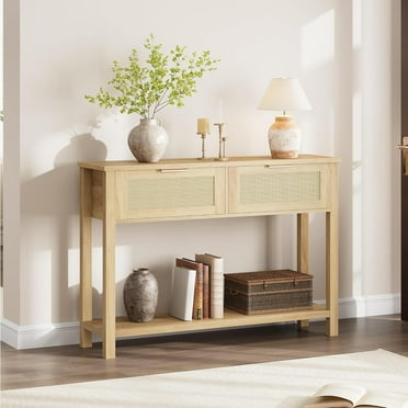Rattan Console Table with 2 Drawers,Boho Wood Entryway Table with Open Storage Shelf,Sofa Table for Foyer,Living Room and Corridor