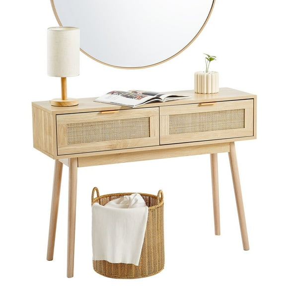 Rattan Console Table with 2 Storage Drawers Natural Rattan Sliding Door for Living Room Entryway Study TV Wall
