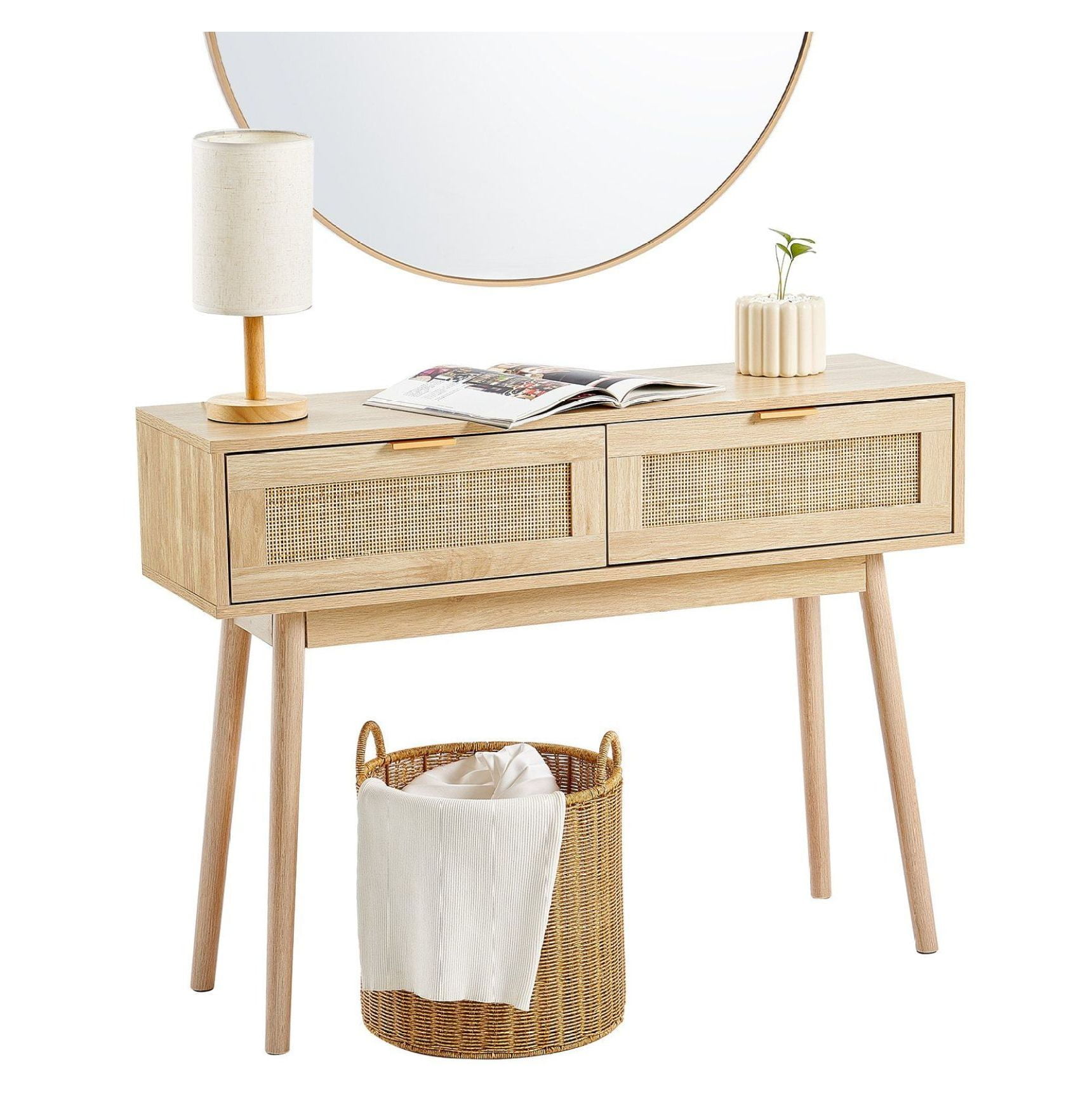 Rattan Console Table with 2 Storage Drawers Rattan Sliding Door Natural ...