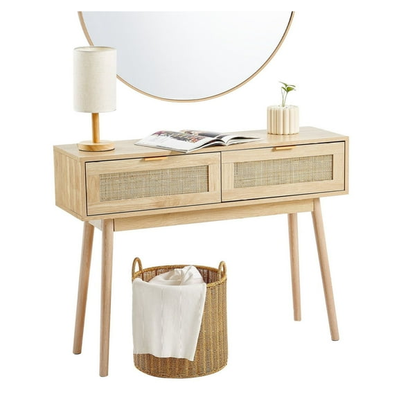 Rattan Console Table with 2 Storage Drawers Rattan Sliding Door Natural Without Shelf Wood Color