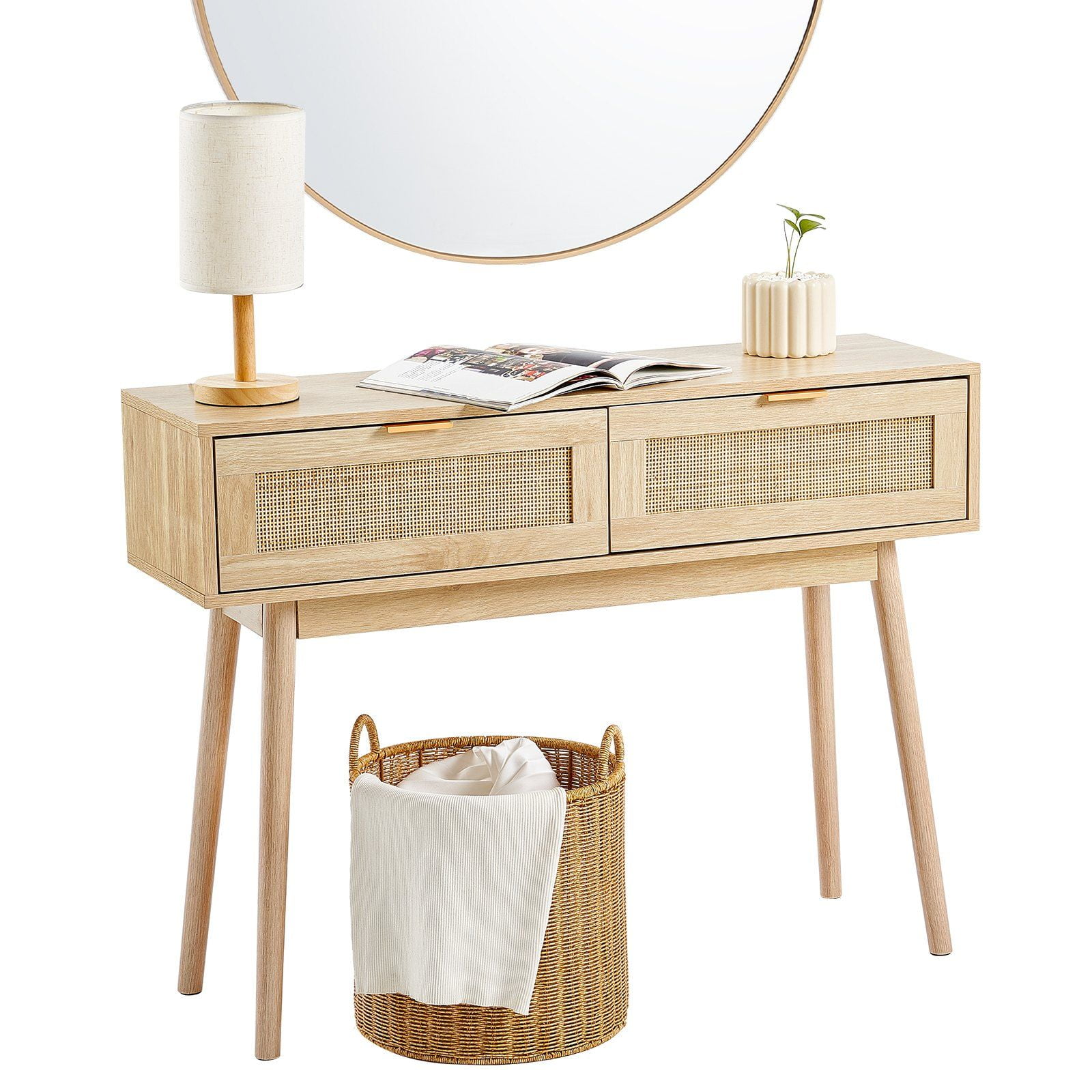 Rattan Console Table with 2 Storage Drawers Rattan Sliding Door Natural ...