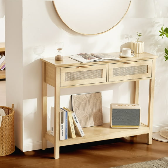 Rattan Console Table with 2 Storage Drawers Rattan Sliding Door Natural
