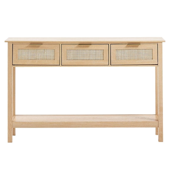 Rattan Console Table with 3 Storage Drawers Natural Rattan Sliding Door Sofa Table for Living Room Study Entryway TV Wall