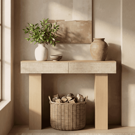 Laitimia Rattan Style Console Table with Double Drawers for Entryway Living Room Hallway