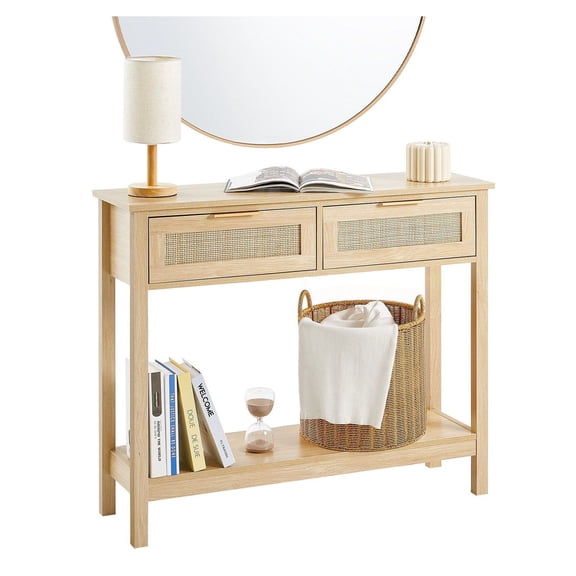 Rattan Console Table with Drawers, Entryway Sofa Table, Living Room TV Stand, Natural Rattan Storage Cabinet, VEVOR Rustic Console Table