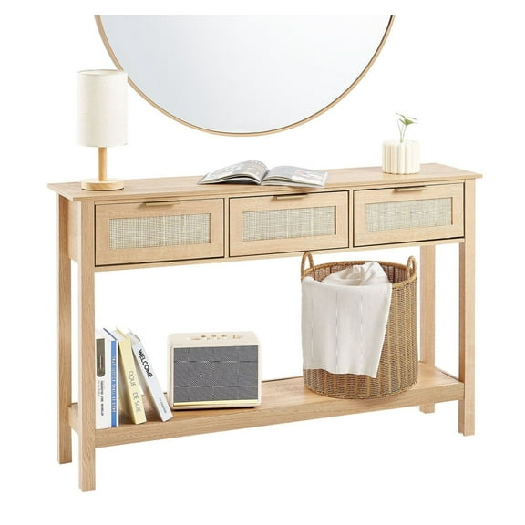 Rattan Console Table with Drawers, Entryway Sofa Table, Natural Rattan Sliding Door, Living Room Furniture, Rustic TV Stand, 47 Inch