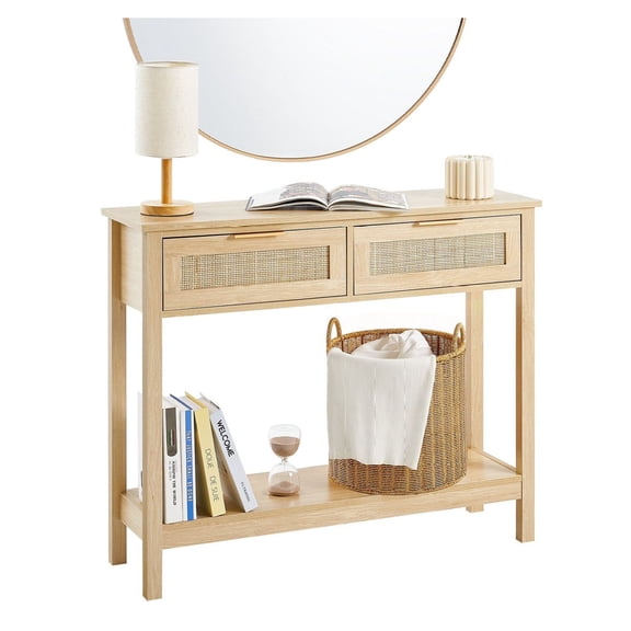 Rattan Console Table with Drawers, Entryway Sofa Table, Natural Rattan Sliding Door, Living Room TV Stand, Rustic Decor
