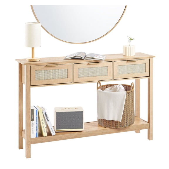 Rattan Console Table with Drawers, Natural Entryway Table, Rustic Sofa Table with Storage, Living Room Hallway Console, Modern Farmhouse Decor