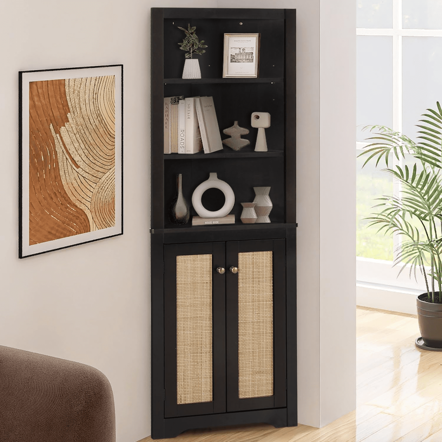 Rattan Corner Tall Freestanding Storage with Rattan