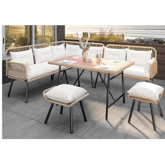 Rattan Corner Sofa Set 6-Piece - Iron Frame, PE Wicker, Plastic Wood, Polyester Cushions - Beige & White Design