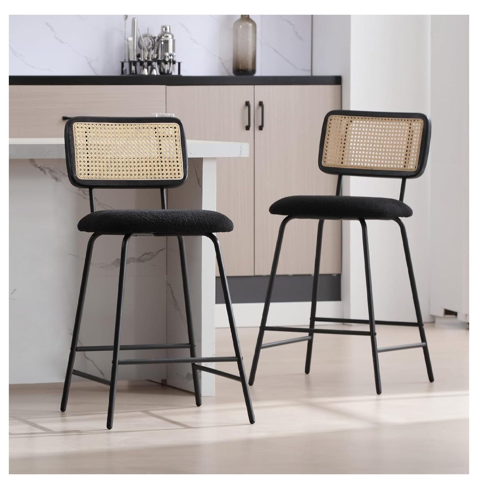 Rattan Counter Height Bar Stools, 26'' Modern Boucle Counter Stools with Cane Back, Wicker ...