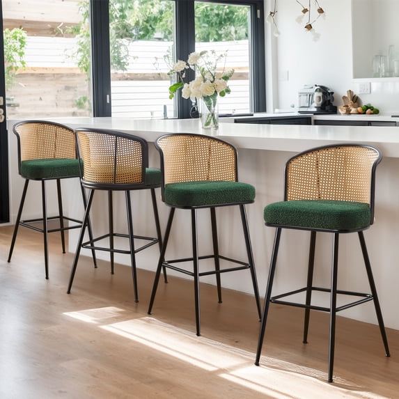 Rattan Counter Height Bar Stools Set 2 Modern 26"Upholstered Barstools Counter Height Bar Stools with Cane Back Farmhouse Counter Stool for Kitchen Island Countertop Green