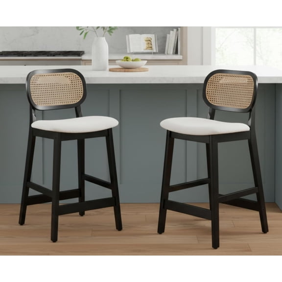 Rattan Counter Height Bar Stools Set of 2 Upholstered Sherpa Barstools with Cane Back Boho Wood Farmhouse Kitchen Island Chairs Bar Chairs for Pub/Home Bar, Cream White