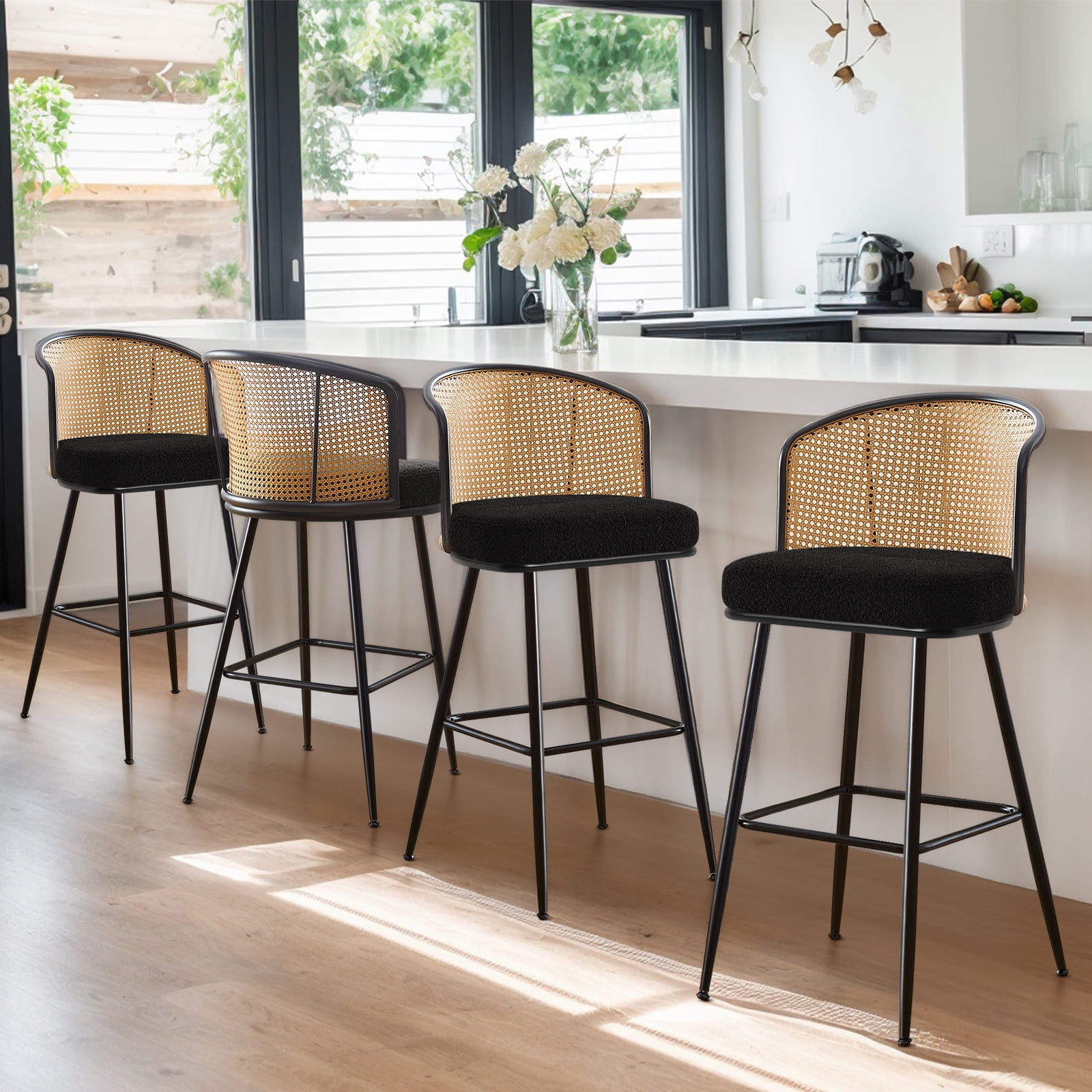 Rattan Counter Height Bar Stools Set 3 Modern 26"Upholstered Barstools Counter Height Bar Stools ...