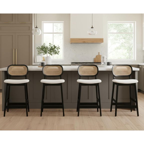 Rattan Counter Height Bar Stools Set of 4 Upholstered Sherpa Barstools with Cane Back Boho Black Wood Farmhouse Kitchen Island Bar Chairs for Pub/Home Bar, Cream White