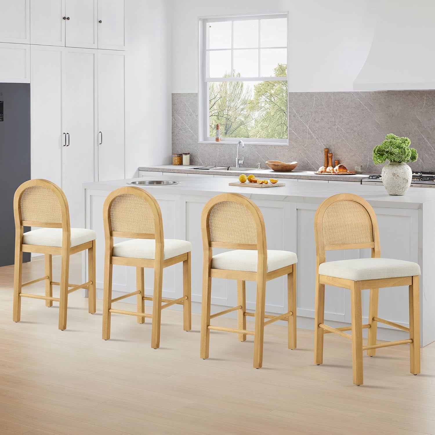 Rectangular Kitchen Stools Rattan Counter Height Stools Set of Farmhouse Barstools with Natural ...