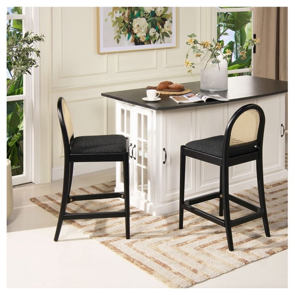 Rattan Counter Stools Set of 2, 26.5" Curved Back Bar Stools - Ebony Black Boucle, Cane Webbing, Solid Oak Frame, Modern Farmhouse Kitchen Island Seating