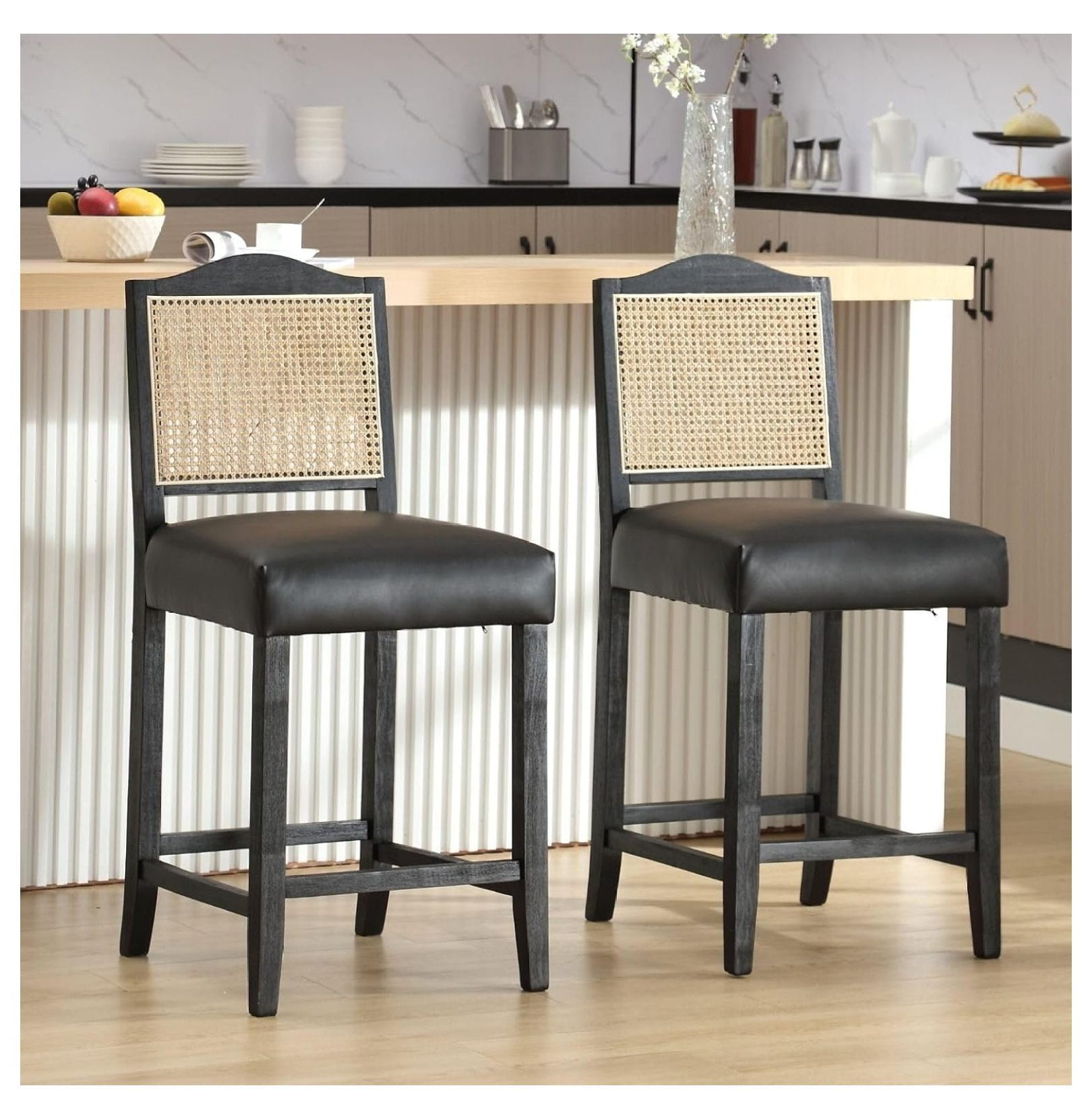 Rattan Counter Stools Set of 2 Black Leather Counter Height Chairs 26