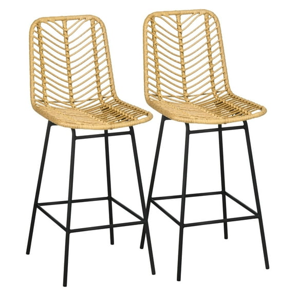 Rattan Counter Stools Set of 2, Steel Frame Bar Stools with Footrest, Stylish Kitchen Island Chairs for Home, 40.25" Height, Yellow/Black