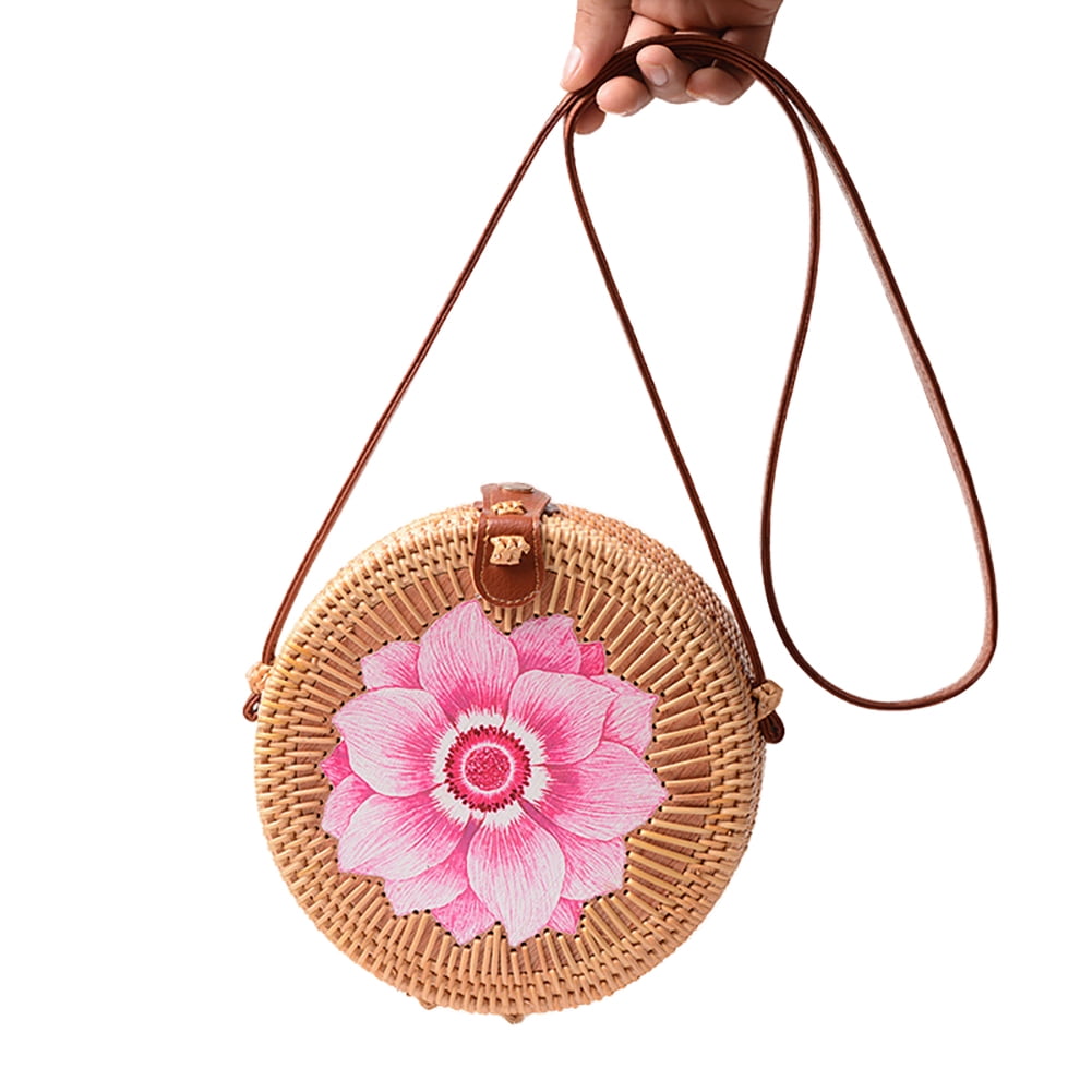 Woven Rattan Crossbody Bag with Faux Leather Trim