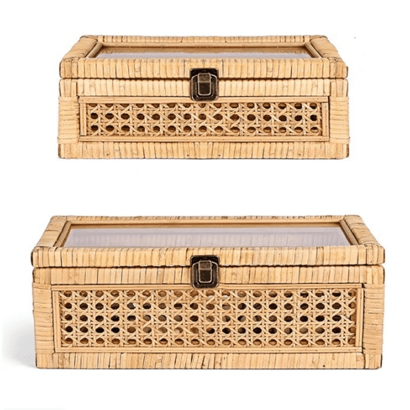 Rattan D rative Box with Lid, Rectangular Woven with Glass for Display, Set of 2 Wicker for D r