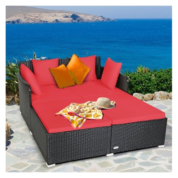 Rattan Daybed Outdoor, Spacious Patio Lounge Chair with Cushions, Weather Resistant Wicker Daybed for Adults, 61" x 52", Gray/Red/Turquoise/Navy