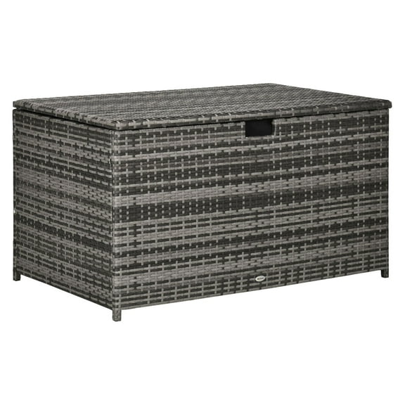 Rattan Deck Box Outdoor, 113 Gallon Patio Storage Trunk with Hydraulic Lift, Waterproof Liner, Gray Wicker Chest for Pool, Garden Tools