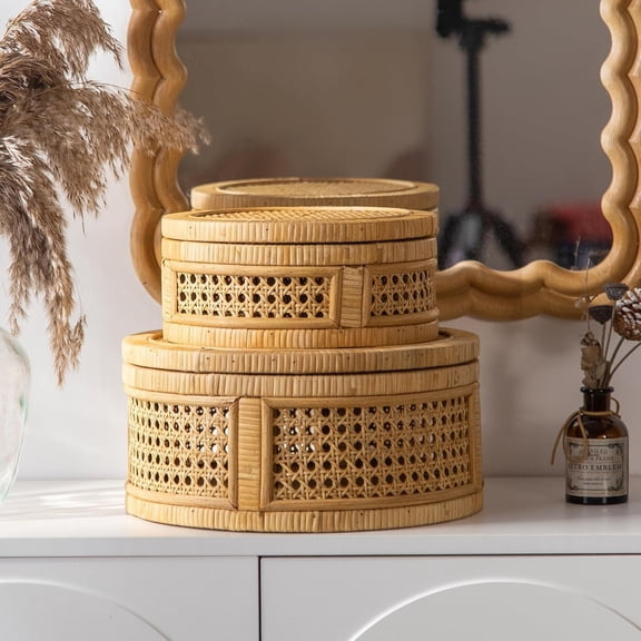 Rattan Decorative Box, Boho Display Boxes with Lids, Set of 2 Rectangular Wicker Storage Basket, Natural Woven Cane Bins for Home Decor (Round)