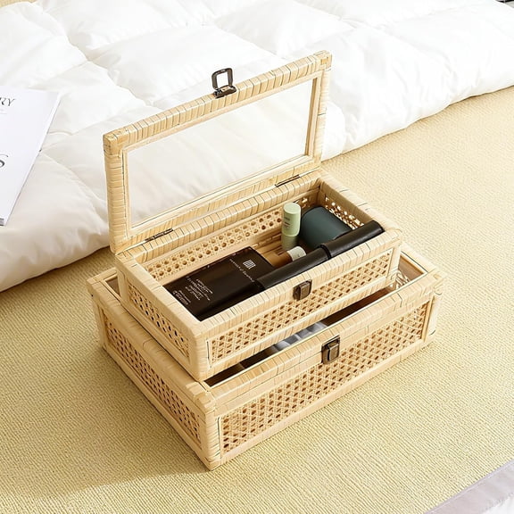 Rattan Decorative Boxes with Glass Lids, Set of 2 Woven Boxes with Lids for Home Decor, Stacking Boxes of Shelf Decor
