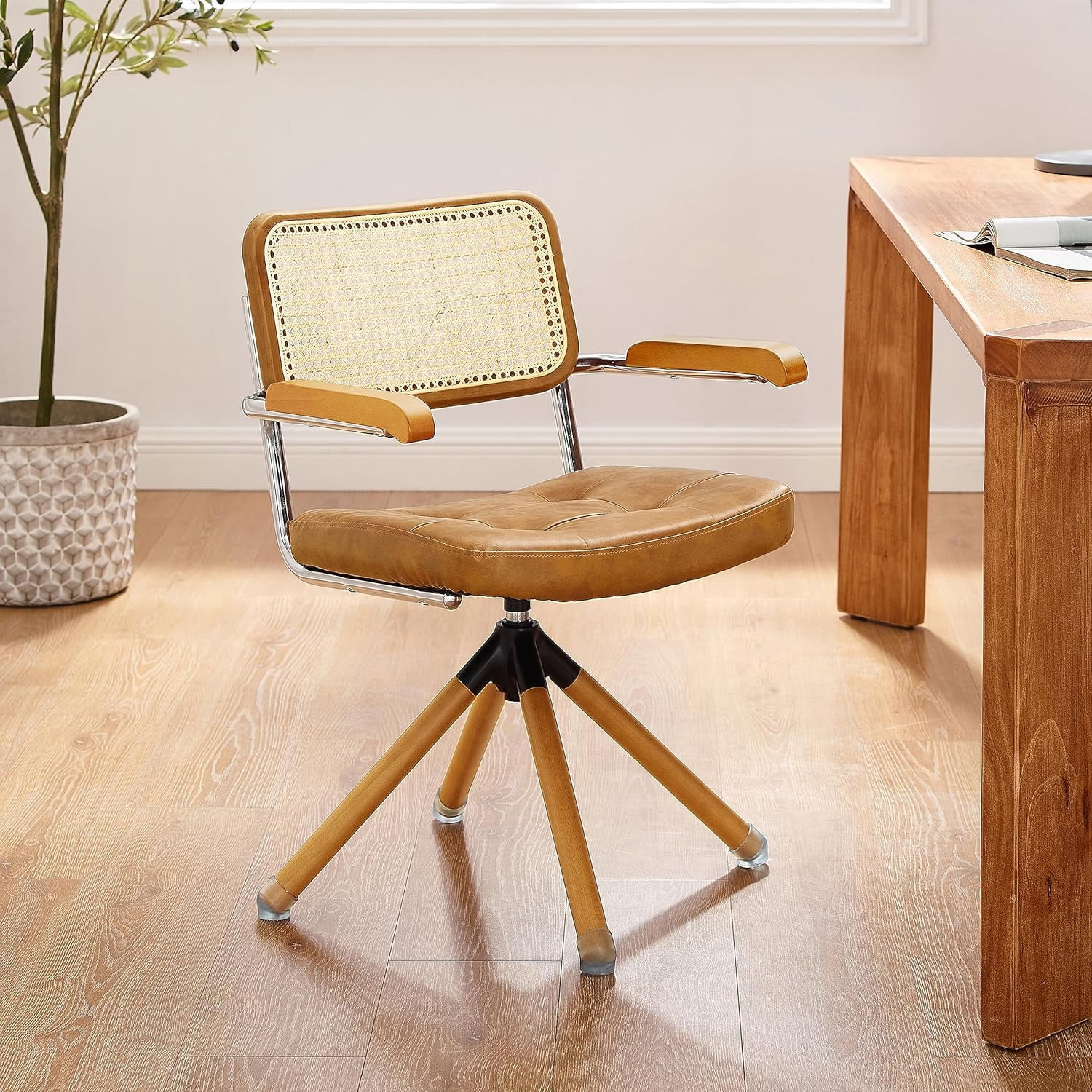 Rattan Desk Chair - Faux Leather Upholstered Mid Century Office Chair ...