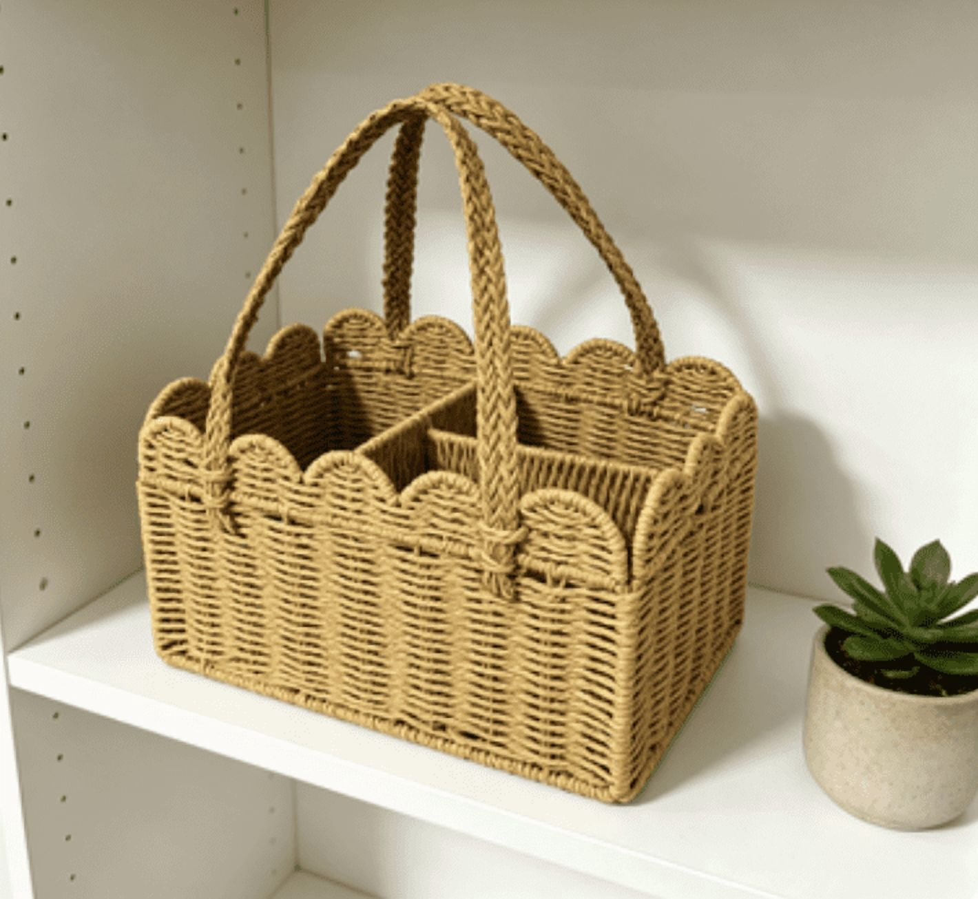 Rattan Diaper Caddy Organizer, Woven Paper Rope Nursery Storage Basket with Removable Divider, Portable Car Diaper Caddy for Baby Shower