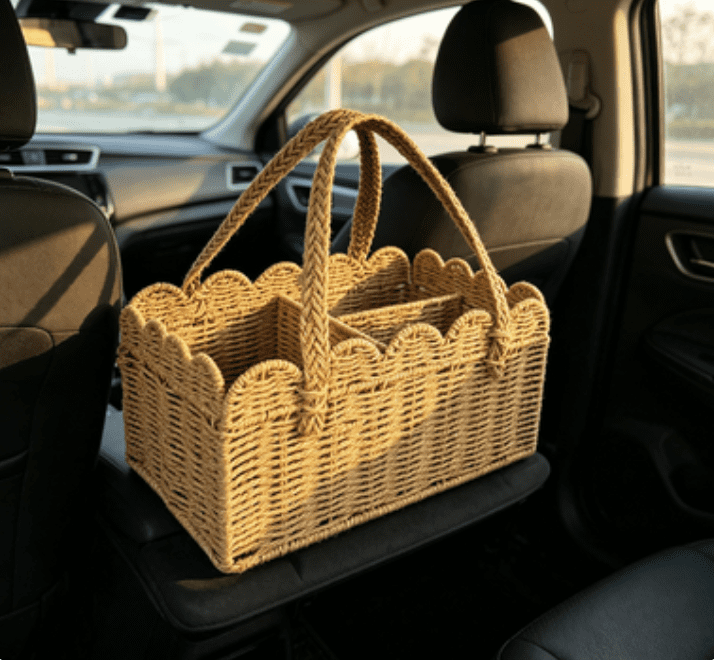 Rattan Diaper Caddy Organizer, Woven Paper Rope Nursery Storage Basket with Removable Divider, Portable Car Diaper Caddy for Baby Shower