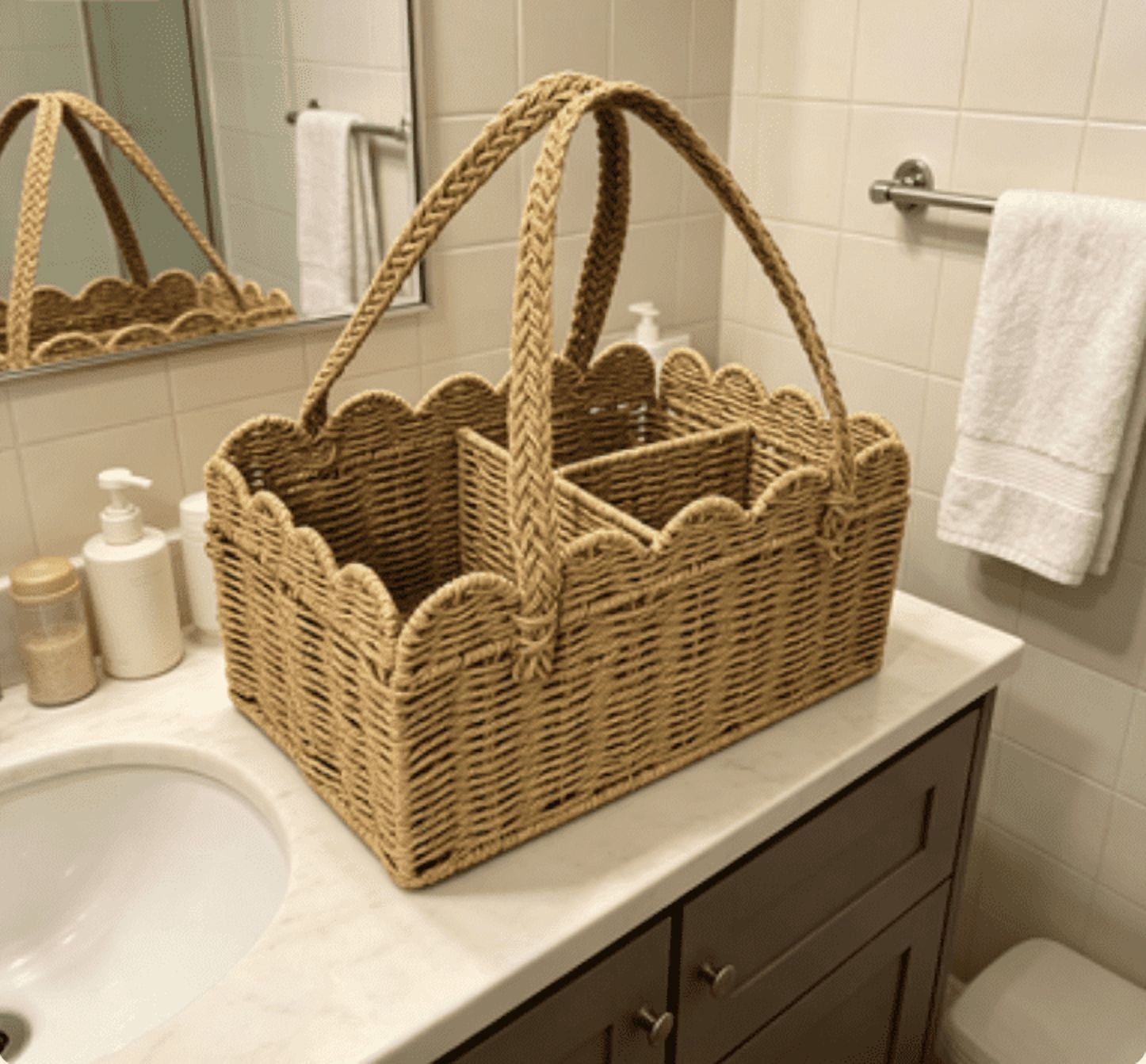 Rattan Diaper Caddy Organizer, Woven Paper Rope Storage Rattan Baskets Nursery with Removable Divider, Portable Car Organizer for Diapers, Shower Gifts, Essentials Must Haves