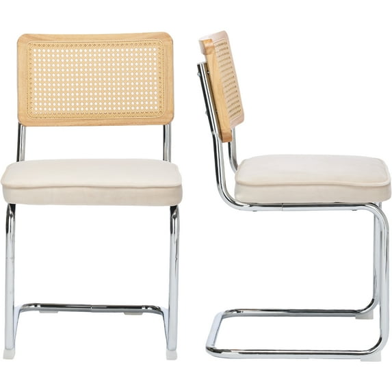 Rattan Dining Chairs Set of 2, Beige Velvet Upholstered Kitchen & Dining Room Chairs Set of 2, Kitchen Table Chairs Set of 2, Sillas de Comedor, Cane Back, Chrome Metal Frame (Beige, 2 Pcs)