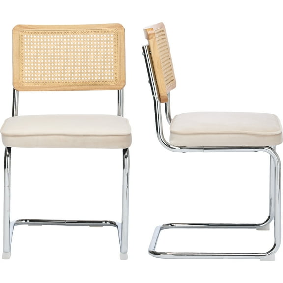 Rattan Dining Chairs Set of 2, Beige Velvet Upholstered Kitchen & Dining Room Chairs Set of 2, Kitchen Table Chairs Set of 2, Sillas de Comedor, Cane Back, Chrome Metal Frame (Beige, 2 Pcs)