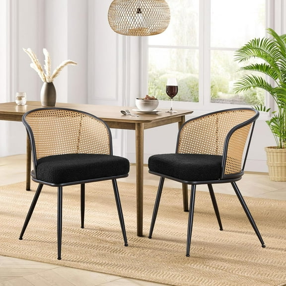 Rattan Dining Chairs Set of 2, Century with Cane Back and Curved Arm, Boucle Fabric Upholstered Kitchen Chairs, Metal Dining Room Chairs for Living Room, Black