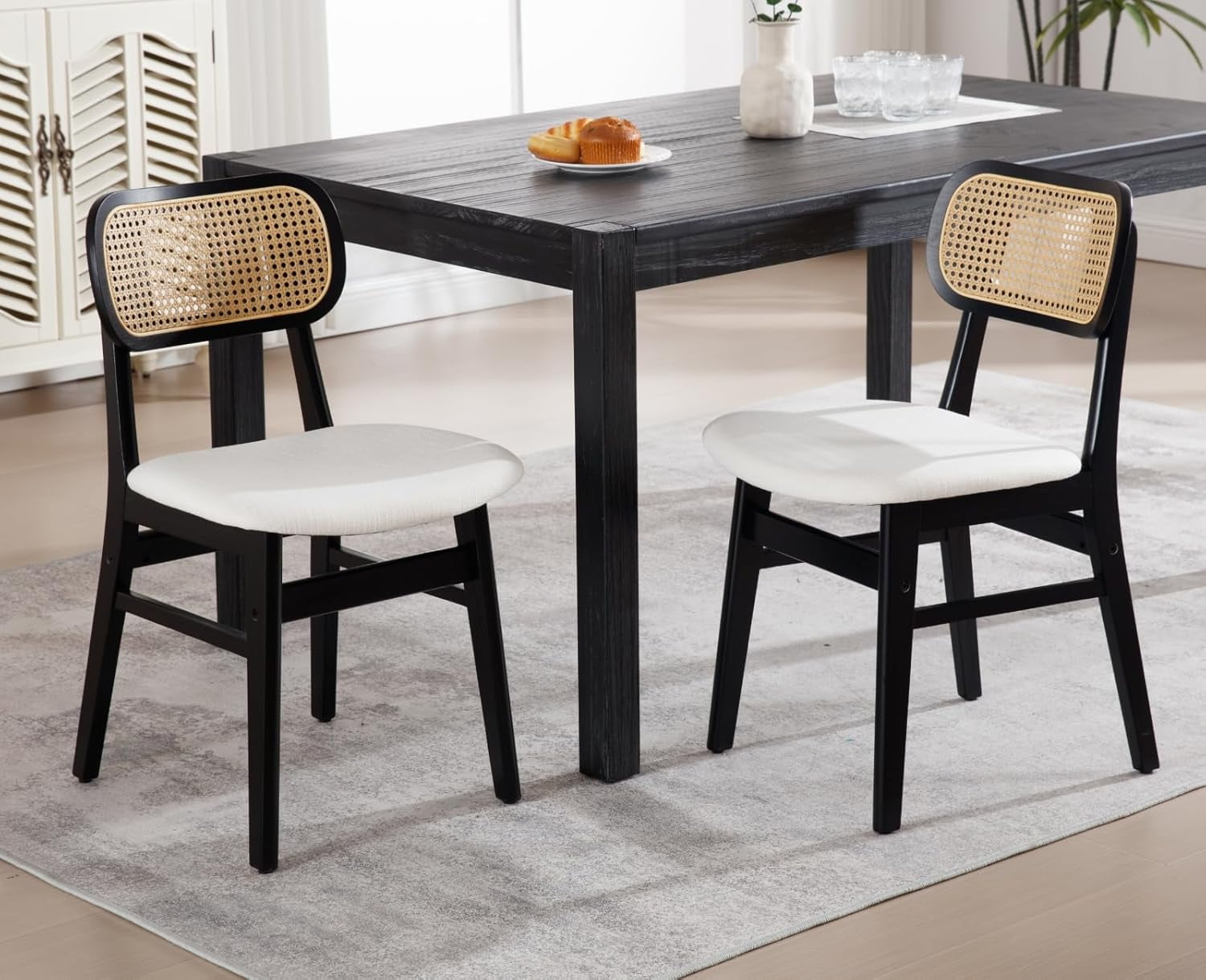 Rattan Dining Chairs Set of 2 Farmhouse Black Wood Dining Room Chairs with Cane Back Mid Century ...