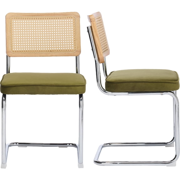 Rattan Dining Chairs Set of 2, Green Velvet Upholstered Kitchen & Dining Room Chairs Set of 2, Kitchen Table Chairs Set of 2, Sillas de Comedor, Cane Back, Chrome Metal Frame (Green, 2 Pcs)