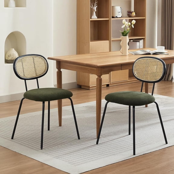 Rattan Dining Chairs Set of 2, Mid Century Dining Room Chairs with Metal Legs, Modern Velvet Upholstered, Mesh Back Cane Kitchen Chair for Dining Room, Kitchen, Living Room, Green
